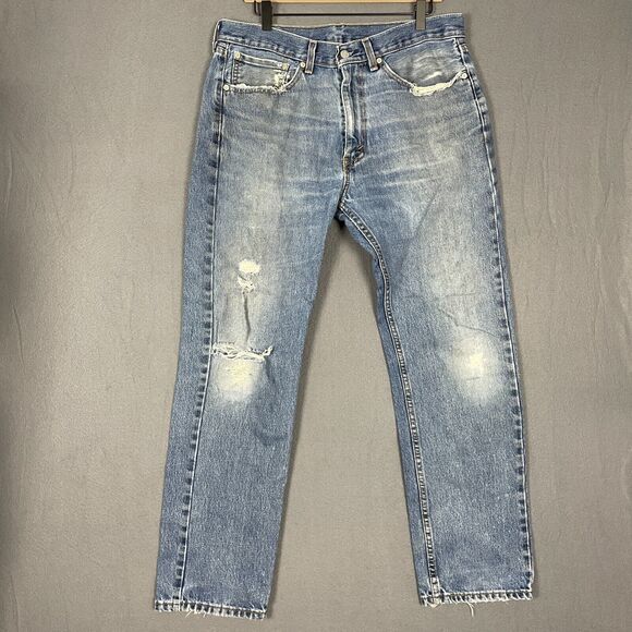Levis 505 Jeans Men's 34x30 Blue Denim Medium Wash Distressed Straight Leg Retro - Picture 1 of 16